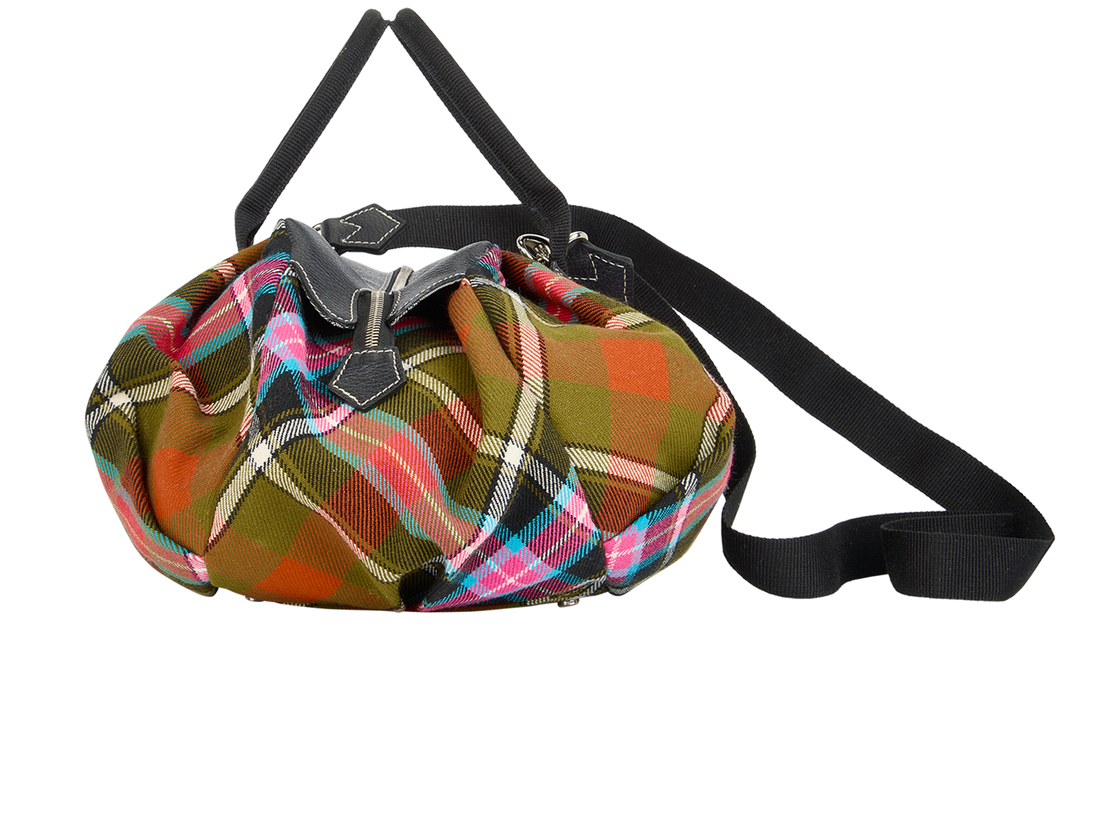 Winter Tartan Bowling Bag, &pound;140, Handbags, Black/Blue/Pink, Fabric/Leather, Bottom view
